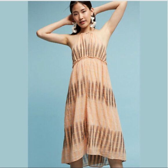 Anthropologie Akemi Kin Dress Peach Halter Empire Waist Swing Ikat XS - Picture 1 of 11